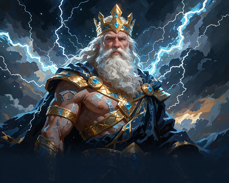 Hvidsk&aelig;gget stormgud med guldkrone foran en m&oslash;rk himmel fuld af isbl&aring; lyn - stemningsbillede til Gates of Olympus