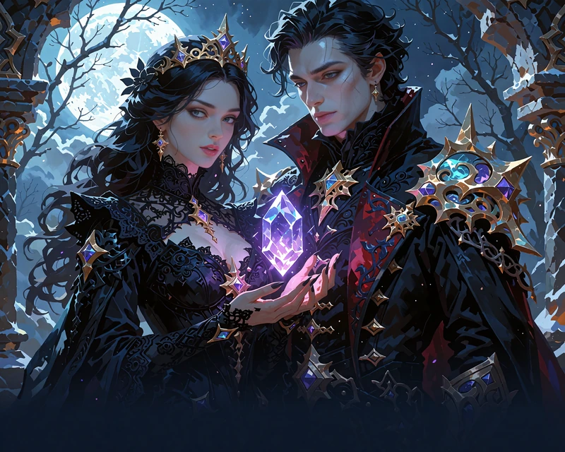 Gotisk vampyrpar i sort og karmoisin under en bleg fuldm&aring;ne med violet krystal - stemningsbillede til Immortal Romance