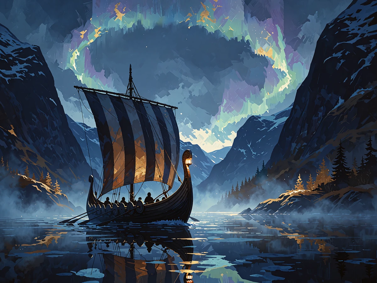 Vikingeskib med stribet sejl glider gennem en t&aring;get fjord under nordlys - symbol p&aring; udbetaling hos Godz Casino
