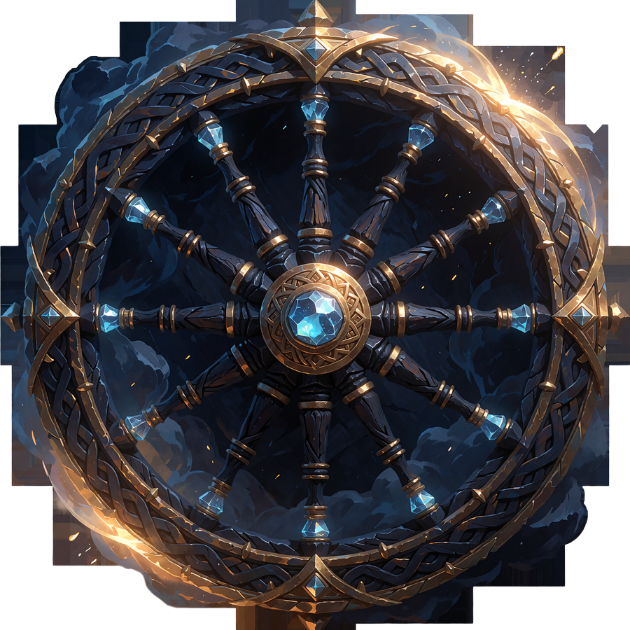 Udsmykket hjul af m&oslash;rkt tr&aelig; og guld med isbl&aring; &aelig;delsten og et lysende nav - symbol p&aring; Wheel of Fate