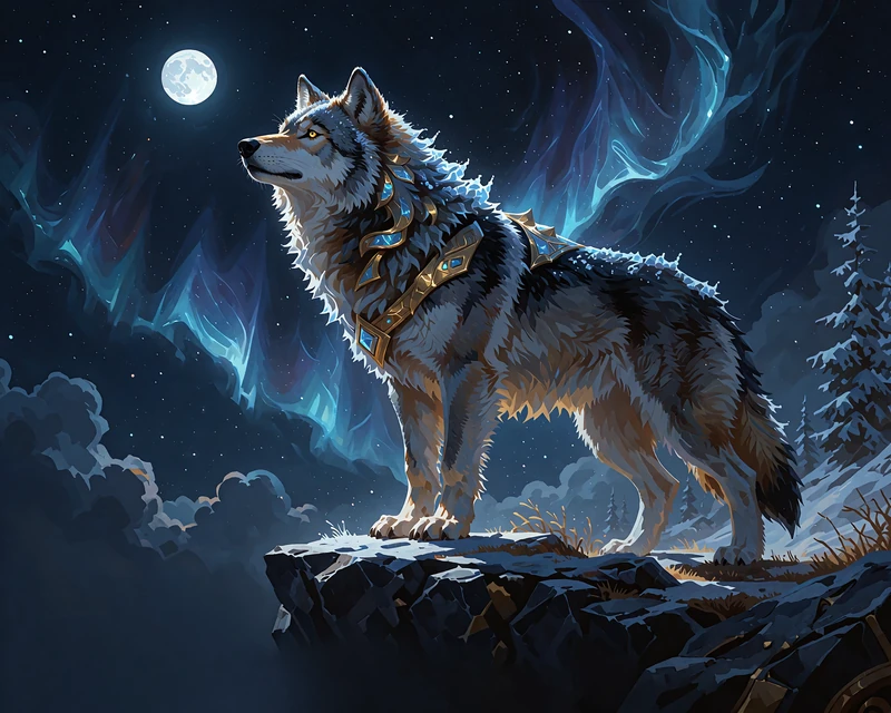 S&oslash;lvgr&aring; ulv med frostbesat manke hyler fra en klippekant mod en bleg fuldm&aring;ne - tema: ulve og Fenrir
