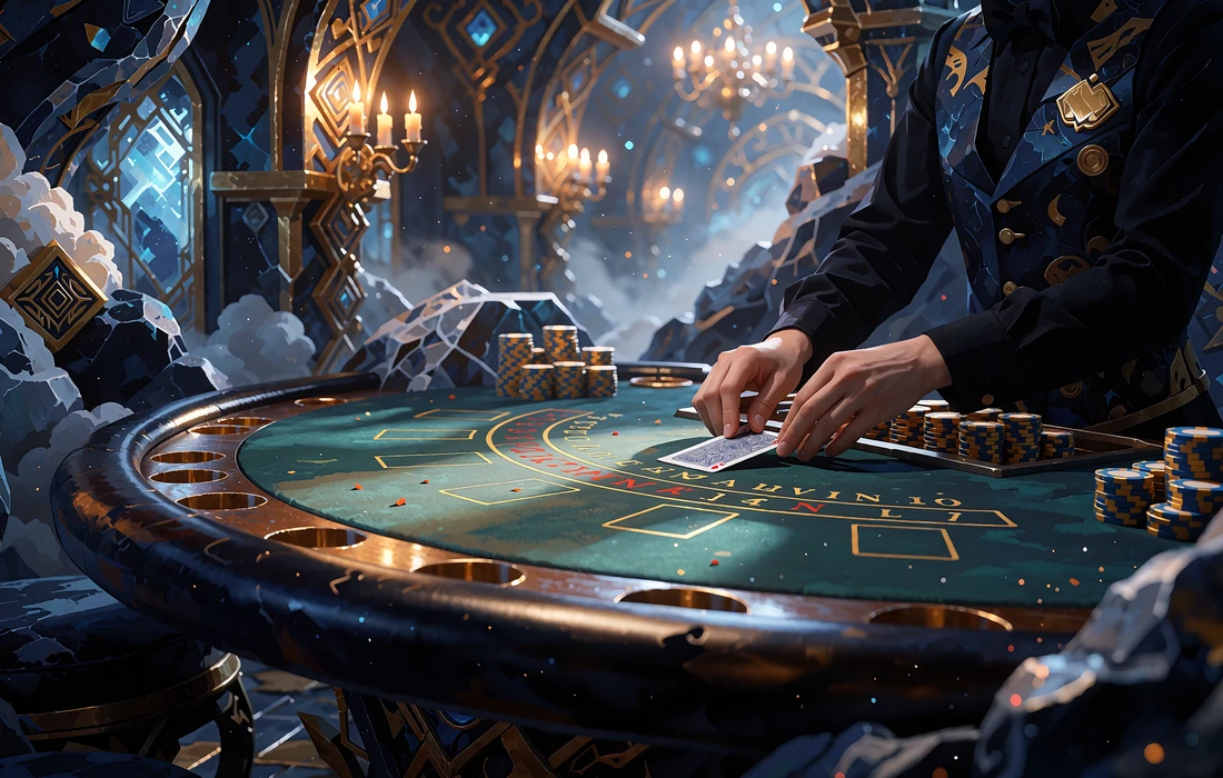 Dealerens h&aelig;nder i sorte &aelig;rmer skubber et kort over gr&oslash;n filt mod stakke af guld- og bl&aring; jetoner - live casino hos Godz